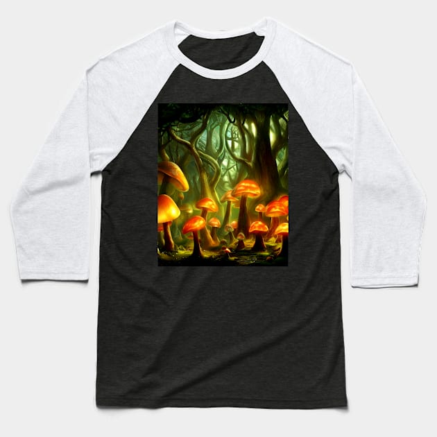 Trippy Magic Mushroom Enchanted Forest Baseball T-Shirt by ichewsyou